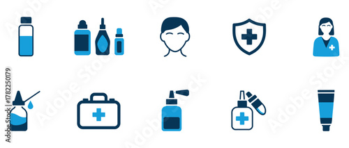 Professional medical icons showcasing diverse healthcare solutions from essential medicines to personal care and protective shields, ideal for pharmaceutical branding and health awareness campaigns.