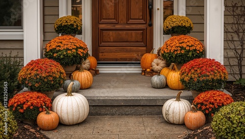Heirloom white, orange, and grey pumpkins accompanied by vibrant mums near an entrance, autumn decor accentuation