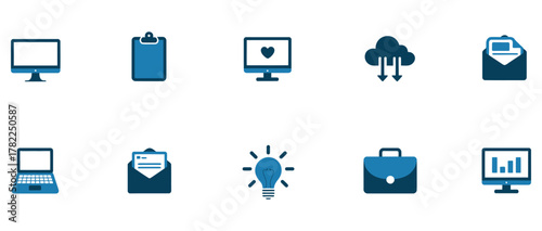 Modern business icons representing technology, communication, and innovative ideas for web design, marketing, and corporate presentations with a professional look