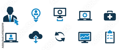 Modern business and technology icons representing teamwork, innovation, data analysis, cloud computing, and healthcare solutions for professional presentations