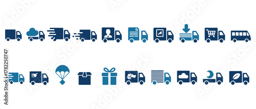 Dynamic fleet of delivery trucks and logistics icons symbolizing swift transport, global shipping, express services, e-commerce fulfillment, and efficient supply chain solutions for modern business.