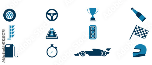 Dynamic racing icons capture the thrill of speed, victory, and competition including helmets, checkered flags, trophies, and race cars for sports and adventure themes.