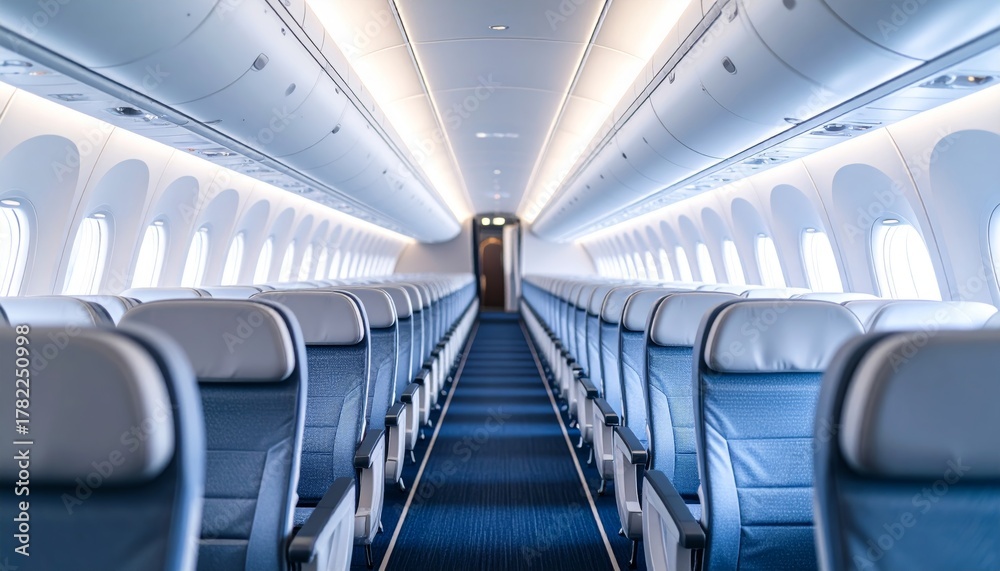 Naklejka premium Calm Aisle Perspective of Airplane Interior with Subtle Depth and High Fidelity Atmosphere