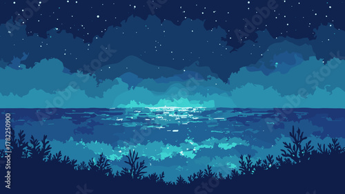 Pulse-reef at night — reef outlines glowing in rhythmic pulses beneath a dark glassy sea, palette: electric blue, mint, jet, no people