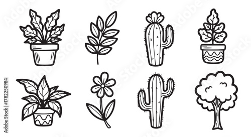 Black and white line art illustration of potted plants and flower