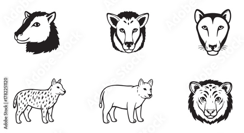 Black and white outline illustration of hyena animals and other animal