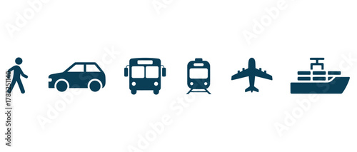 Iconic Transportation Options: Walking, Car, Bus, Train, Airplane, and Ship for Travel, Logistics, and Global Connectivity
