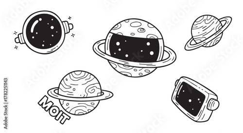 Black and white planets vector illustration for coloring book design