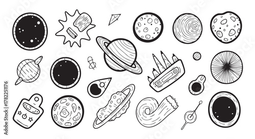 Black and white seamless pattern design with universe planets and celestial objects