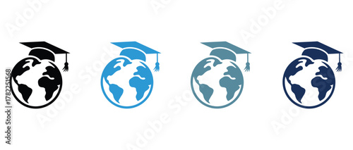 Global education concept with graduation cap over world globe representing international learning, study abroad, and academic achievement