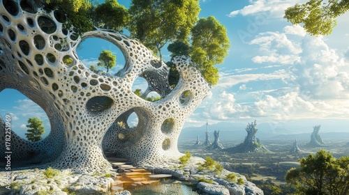 Fototapeta Naklejka Na Ścianę i Meble -  A futuristic landscape with a large, organic structure made of white, porous material, resembling a tree trunk. 