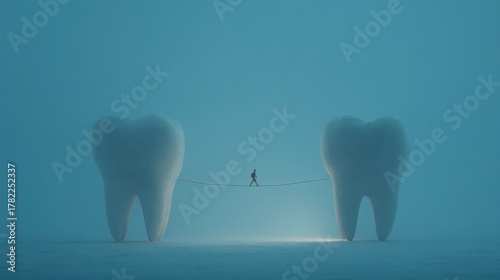 Tiny figure on dental floss between molars