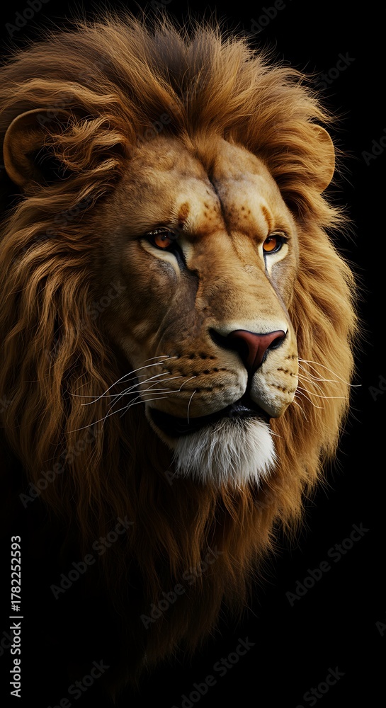 Fototapeta premium Majestic Male Lion Portrait with a Golden Mane on a Dark Background.