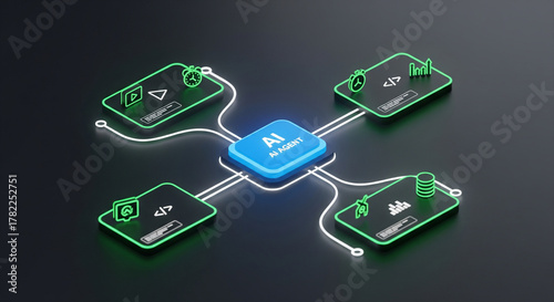 Futuristic 3D visualization of AI agent network showing glowing neural nodes, digital data connections, and advanced artificial intelligence communication system rendered on dark background.