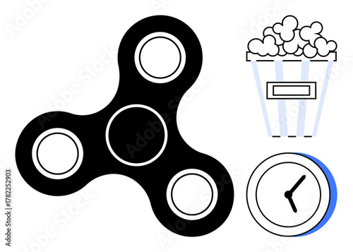 Fidget spinner alongside popcorn bucket and clock illustrating the concepts of play, relaxation, and time management. Ideal for entertainment, stress relief, productivity, mindfulness, recreation