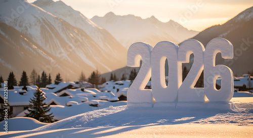 Snow numbers 2026 in snowy mountain village at sunset