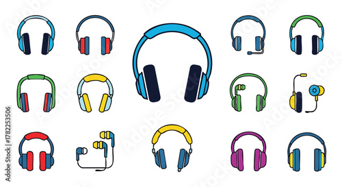 Cartoon headphones in blue and red colors on white background