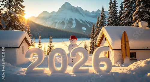 Snowman and 2026 numbers in snowy mountain landscape 4