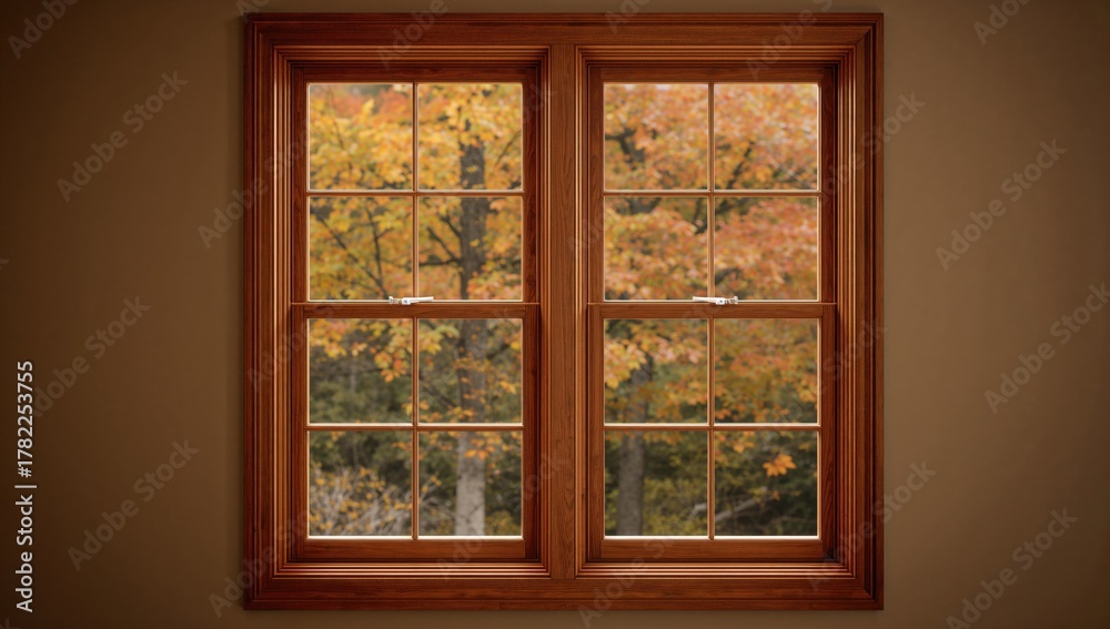 Fototapeta premium Double glazed wooden window frame in a residence during autumn, showcasing seasonal change