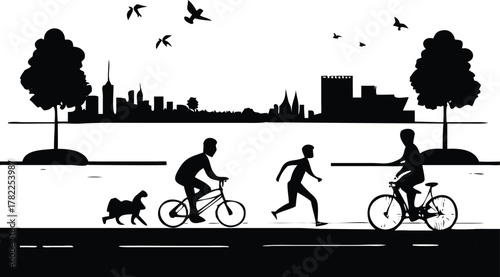 Silhouetted figures of people cycling and running, a dog, and trees against a city skyline. Birds fly overhead.