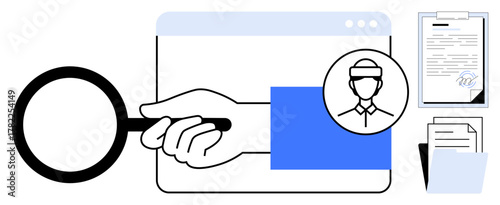 Hand with magnifying glass exploring browser window, user profile icon, and files. Ideal for investigation, recruitment, research, analysis, identity verification hiring and organization. Simple