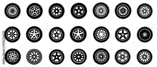Various black and white car wheel and sports rim icons, isolated on white.