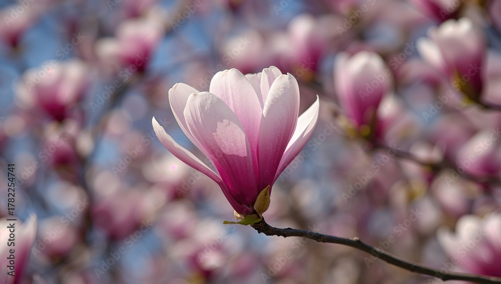 Obraz premium Magnolia blossoms opening against a soft backdrop. Concept of springtime renewal.