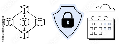 Blockchain network connected to a shield with a lock and cloud-based calendar. Ideal for blockchain, cybersecurity, data privacy, encryption, scheduling, cloud storage, secure technology. Simple flat