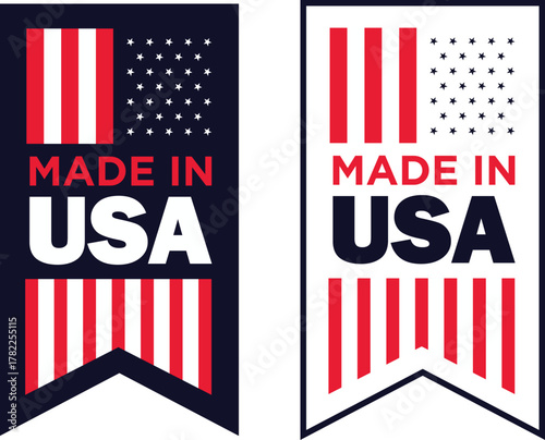 Two made in usa vector badges, one in dark blue and one in white