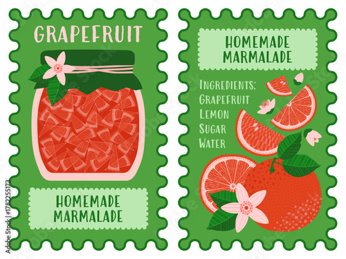 Vector grapefruit marmalade label design in flat style. Includes jar with fruit pieces, citrus slices, leaves, and ingredients list. Perfect for homemade jam packaging, kitchen decor, or recipe cards.