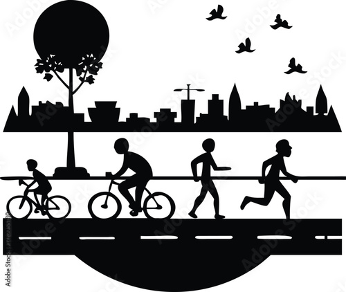Black silhouettes of individuals engaged in cycling and running on a raised path, with a city skyline and flying birds in the background.