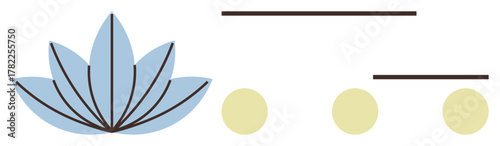 Blue lotus flower with overlapping petals beside horizontal lines and three yellow circular dots. Ideal for wellness, mindfulness, meditation, harmony, balance, nature, peaceful designs. Simple flat