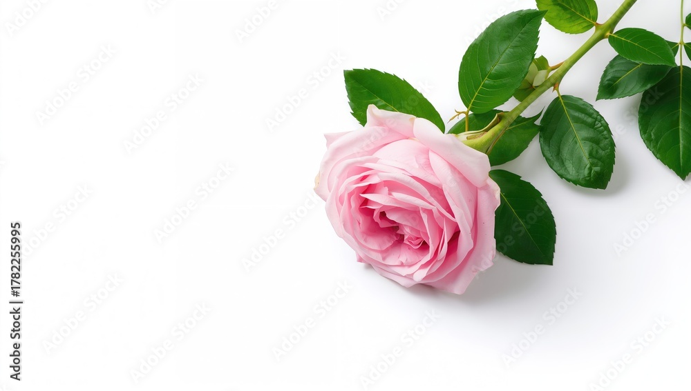 Fototapeta premium Isolated rose flower with leaves on a white backdrop, suitable for editorial use