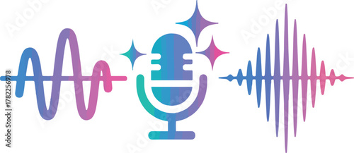 Microphone with sound waves and starbursts gradient microphone, sound, waves, starbursts, gradient, audio, podcast, voice, recording, media, technology, digital, spectrum, communication, signal, 