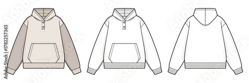 Colorblock Button-Neck Hoodie Technical Fashion Illustration. Unisex Pullover Sweatshirt Vector Template. Kangaroo Pocket. Ribbed Cuffs and Hem. Front and Back View. Casual Streetwear CAD Mockup Set.