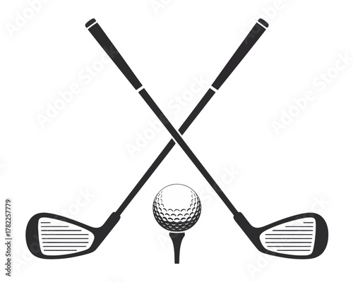 Two crossed golf clubs with a golf ball on a tee in a monochrome illustration style design image