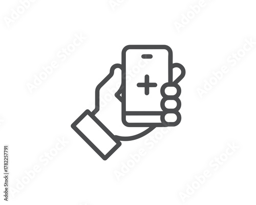 Hand holding phone with plus sign on screen representing healthcare or medical application use case