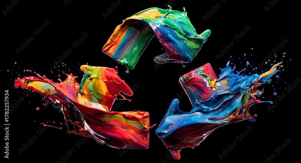 Obraz premium Vibrant rainbow colored paint splashes forming a dynamic recycling symbol against a black background