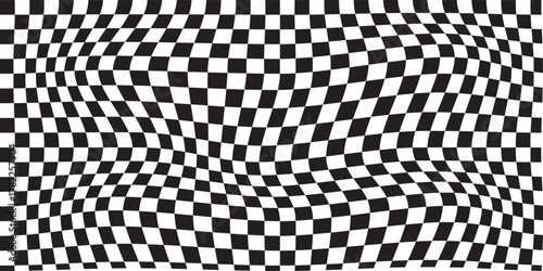 Trippy checkerboard background. Retro psychedelic checkered wallpaper. Wavy groovy chessboard surface. Distorted geometric pattern. Abstract monochrome vector backdrop