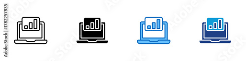 Data Analysis Multiple Style Icon Design Vector - laptop showing bar charts, representing analytics, business insights, and performance tracking