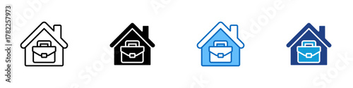Remote Work Multiple Style Icon Design Vector - house with a briefcase, symbolizing working from home, productivity, and digital flexibility