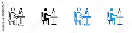 Office Work Multiple Style Icon Design Vector - person sitting at a desk with a computer, representing productivity, office tasks, and focus at work