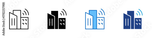 Smart City Multiple Style Icon Design Vector - city building with wireless signal lines, representing smart technology, innovation, and urban connectivity