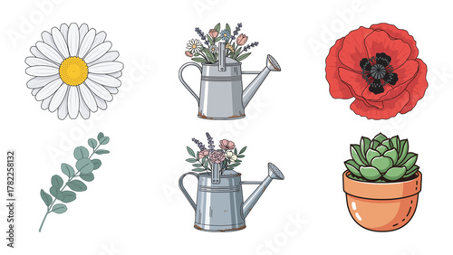 Vibrant assortment of illustrated garden flora, including daisies, poppies, succulents, and rustic watering cans