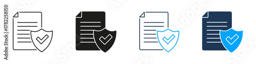 Document With Shield And Checkmark Line And Solid Icon Set. Data Protection, Security, And Privacy Assurance Symbol Collection. Compliance And Trust Representation. Isolated Vector Illustration