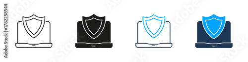 Laptop With Shield Line And Solid Icon Set. Cybersecurity, Data Protection, And Online Security Symbol Collection. Digital Safety And Privacy Assurance. Isolated Vector Illustration