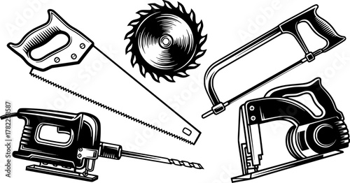 Vector illustration of various saws, high contrast, black and white, sharp lines, industrial design, simple background.

