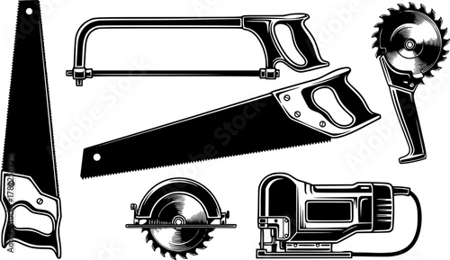 Vector illustration of various saws, high contrast, black and white, sharp lines, industrial design, simple background.

