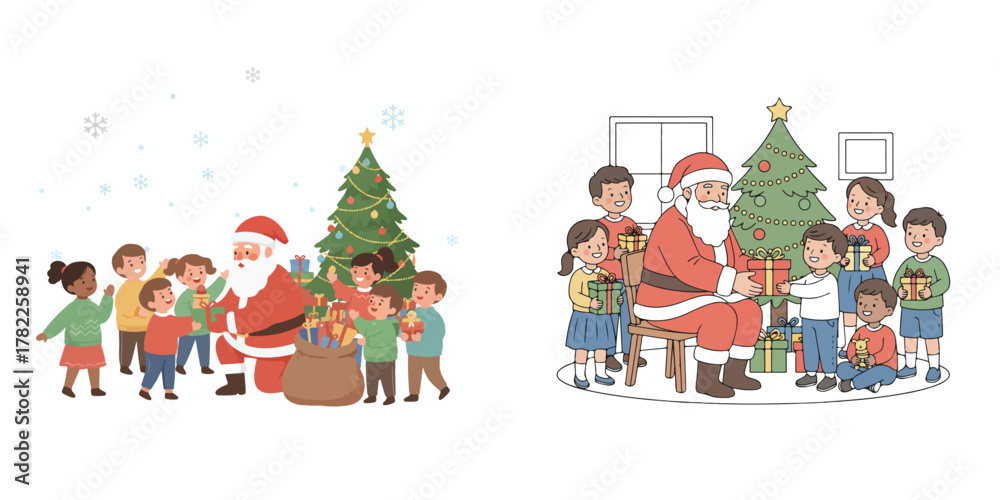 Naklejka premium Vector Illustration of Cozy Christmas Celebration Scene — Family, Santa Claus, and Winter Decorations in Minimalist