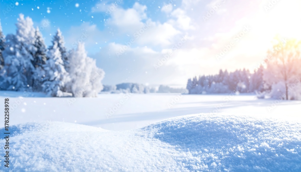 Obraz premium Snowy landscape white field with distant trees under a blue sky with fluffy clouds and sun shining in the top right